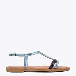 PLATE - Sandale Plate à Lanières Métalisées BLEU